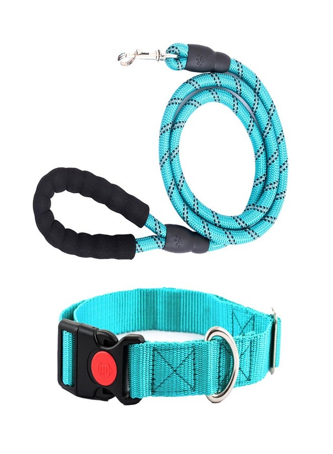 ADIL'S Adil’S Nylon Dog Collar & Leash Set Combo Suitable for All Dog Breeds, Reflective Soft Padded Handles for Running, Walking & Training, Leash Size 5ft, Collar Size: L (Teal Color) - Image 1